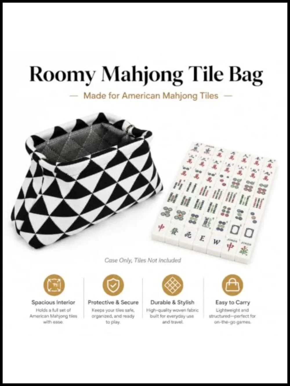 Woven Mahjong Tile Storage Bag with Wide Opening Spring Close Portable Carrying